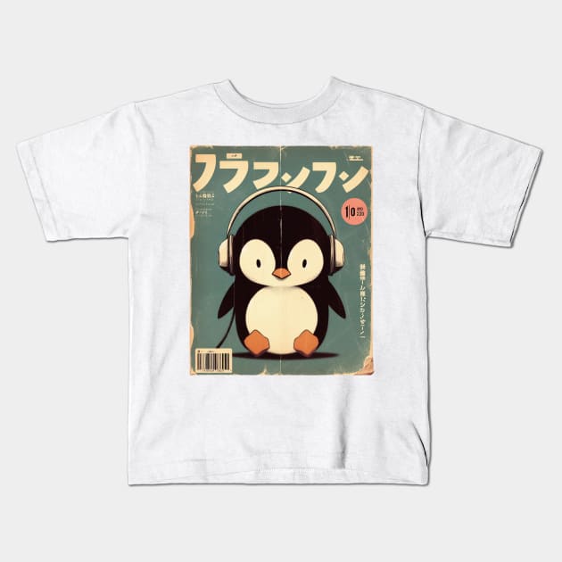 Kawaii Penguin with Retro Headphones Kids T-Shirt by IA.PICTURE